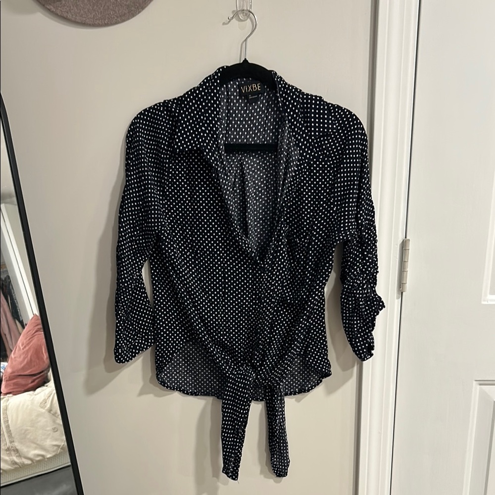 Black and White 3/4 Sleeve Button Down Shirt with Tie Front